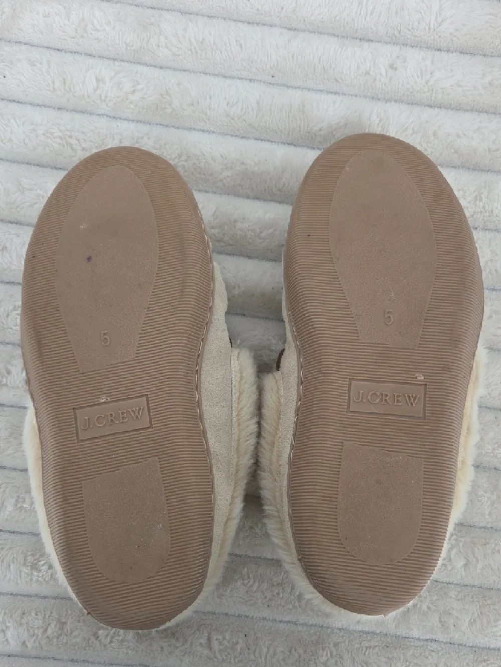 J. Crew Cream Faux-Fur Lined Kids Moccasins with Brown Lace Bows